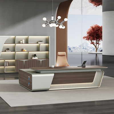 High-end PVC bedekte gebogen Executive Office Desk   Voice Controlled LED Mood Light & Painted Surface Finish