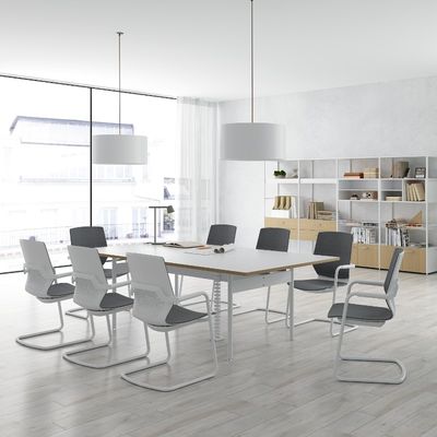 kopen Aanpasbare sneeuwwitte conferentietafel met hoge duurzaamheid en witte stalen voeten online manufacture