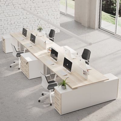kopen Tafel voor acht personen met afscheidend scherm en archiefkasten in MFC houten stijl online manufacture