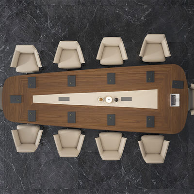 kopen Ondersteuning aanpassing Luxe Moderne stijl Onregelmatige houten vergadertafel met donkere kleur voor Home Office School Hotel vergaderruimte Stalen materiaal online manufacture