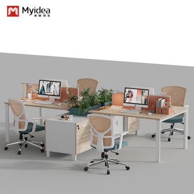 kopen Bureau- en stoelenset voor personeel, werkstationtafel en -cabine voor werknemers, financieel kantoor, vierpersoons bureau met scherm en stoelen online manufacture
