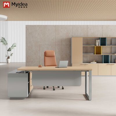 kopen Myidea Solid Wood L-vormige Executive Desk met onderkas en meerdere stalen voeten voor kantoorgebouwen online manufacture