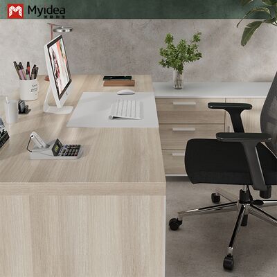 Myidea Solid Wood L-Shaped Executive Desk with Sub Cabinet and Aluminum Alloy Edge-covered Feet for Office Building