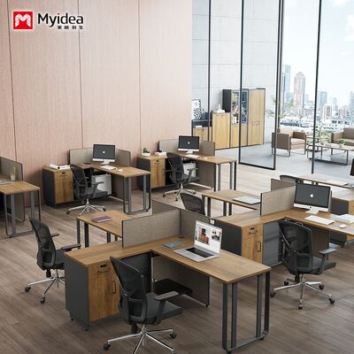 Bureau voor twee personen met stalen poten, opbergkast aan de zijkant, personeelsbureau gemaakt van melamine