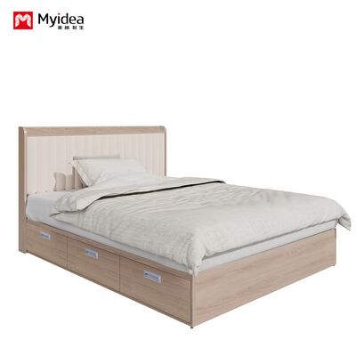Moderne minimalistische multifunctionele bed met ladekast, crèmekleurig leren kunstbed, drielaags tweepersoonsbed van klein formaat